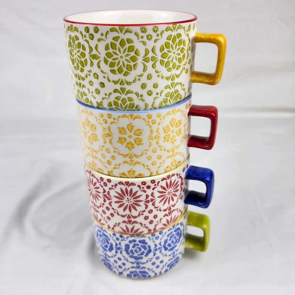 Pier 1 Imports Coffee Mugs Set of 4 Multicolor Floral Hand Painted Stoneware